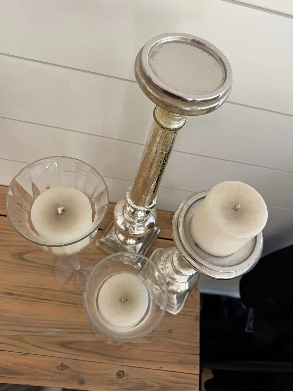 Mercury Glass and Clear Glass Candle Holder Trio - Silver and Clear